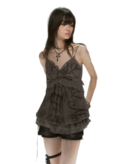 Graffiti Mesh Ruffle Camisole