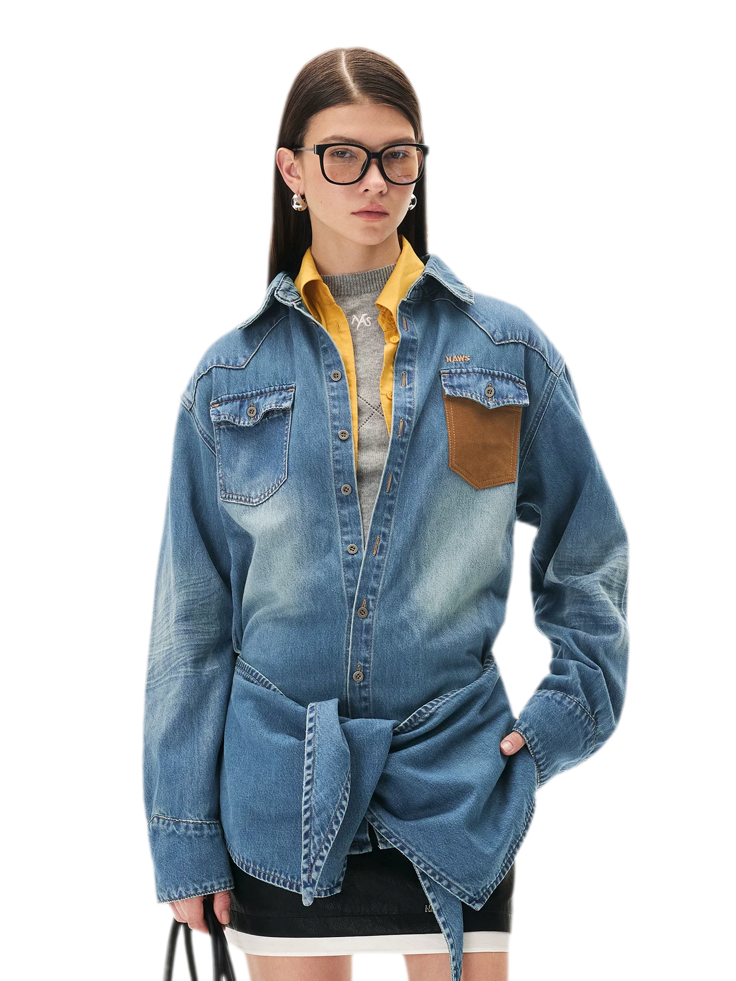 Washed Denim Suede-Panel Shirt
