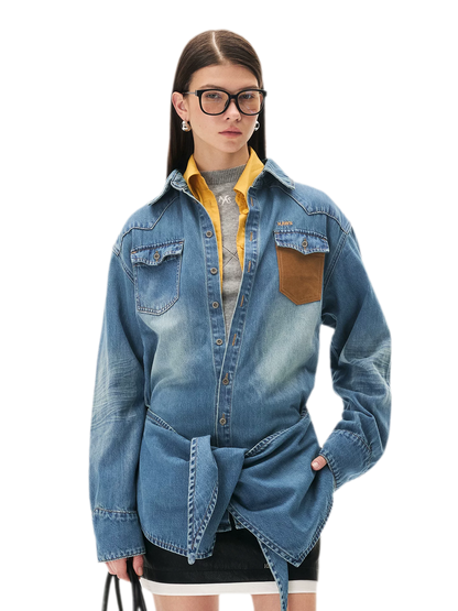Washed Denim Suede-Panel Shirt