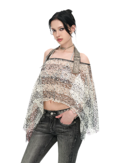 Sequin Asymmetrical Cropped Overshirt