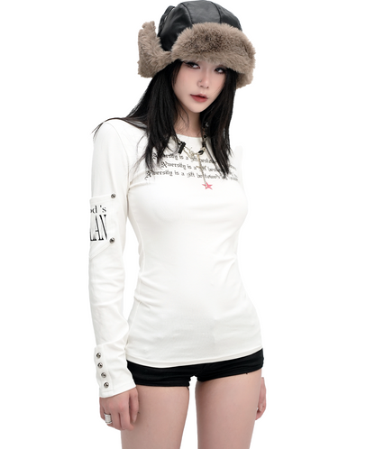 Studded Slogan Fitted Long-Sleeve Top