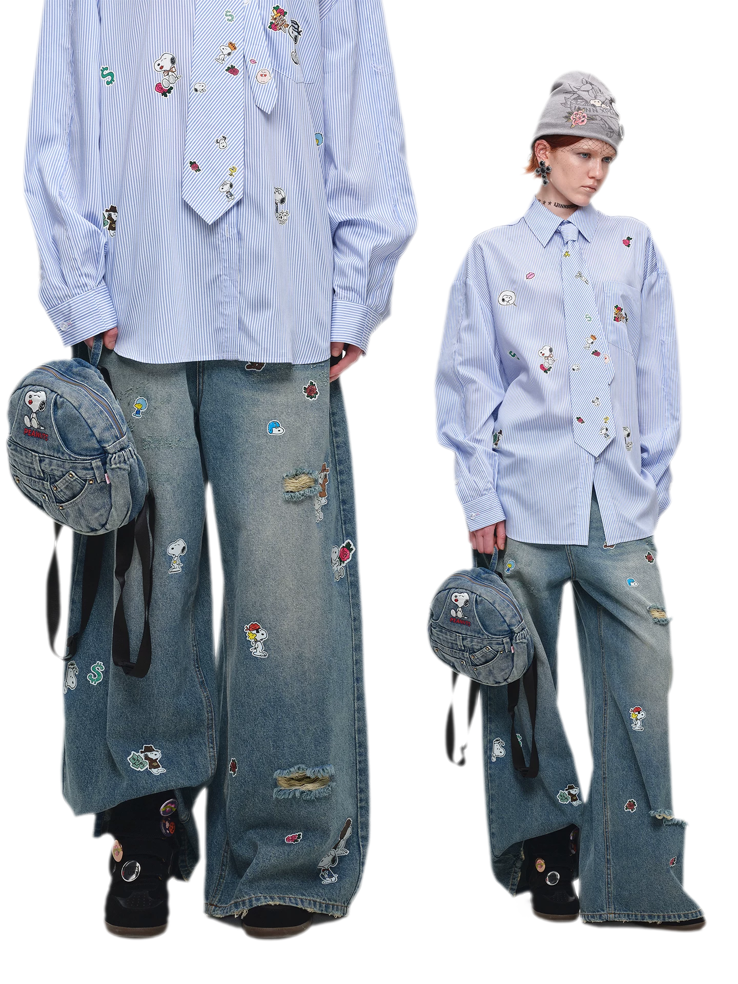 Washed Denim Embroidered Backpack