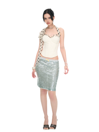 Sequin-Embellished Silver Waist Midi Skirt