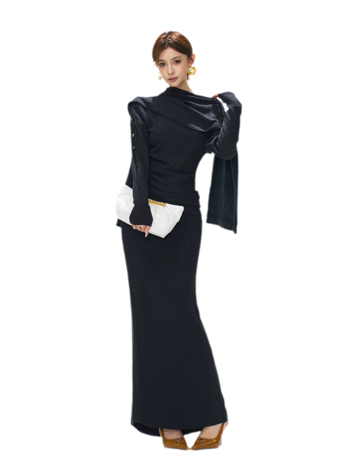 Textured Ruched Shawl Knit Set