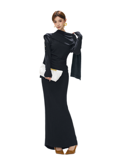 Textured Ruched Shawl Knit Set