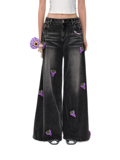 Fruit Embroidered Wide-Leg Pants