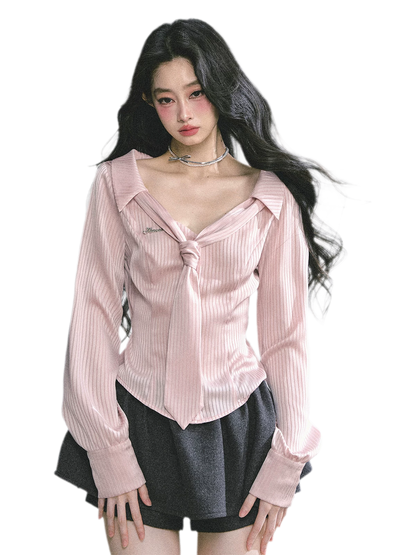 Satin Striped Tie Shirt