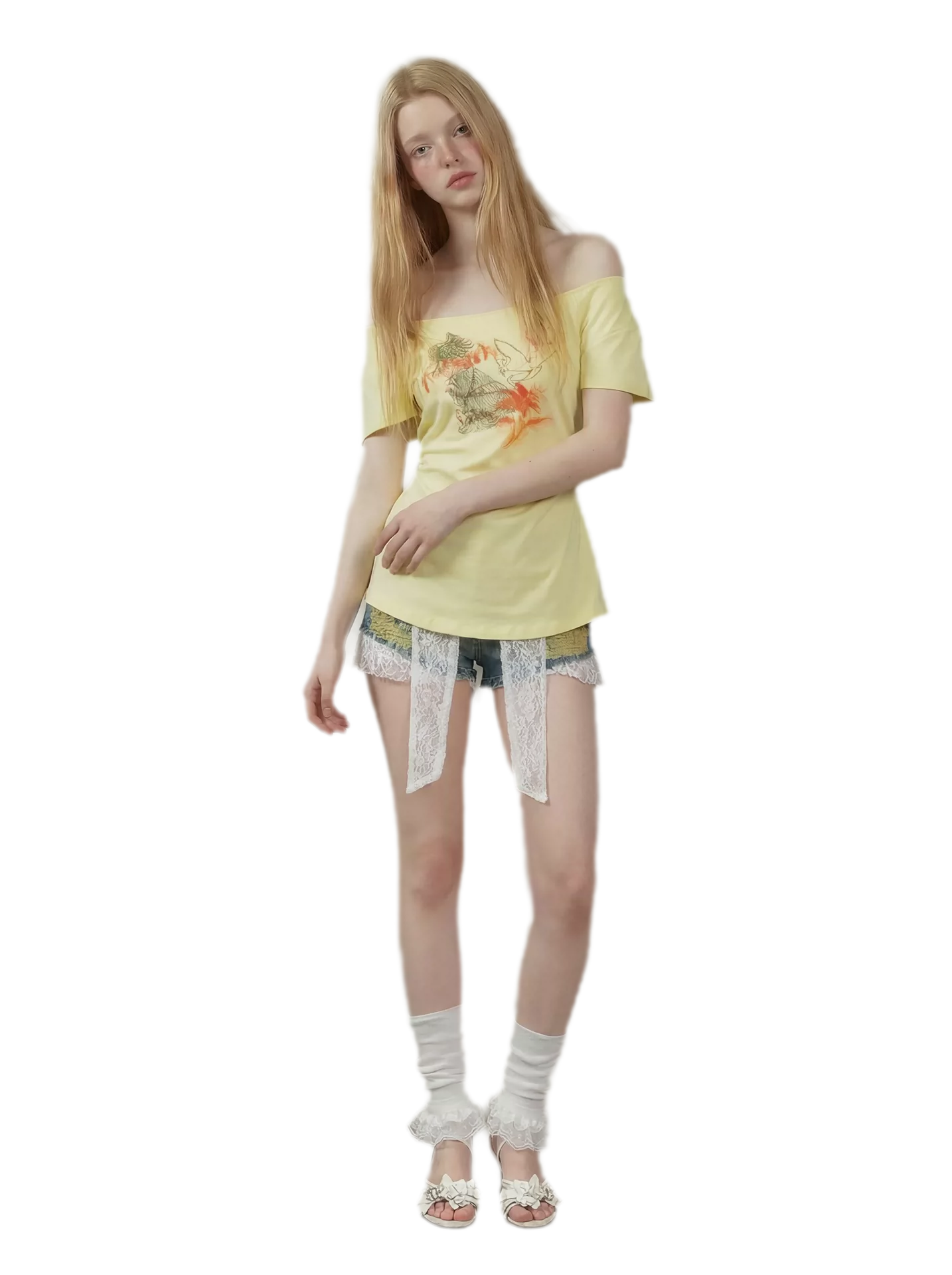 Hand-Drawn Floral Off-Shoulder Tee