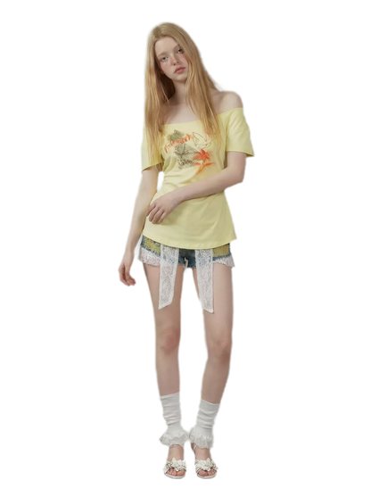 Hand-Drawn Floral Off-Shoulder Tee