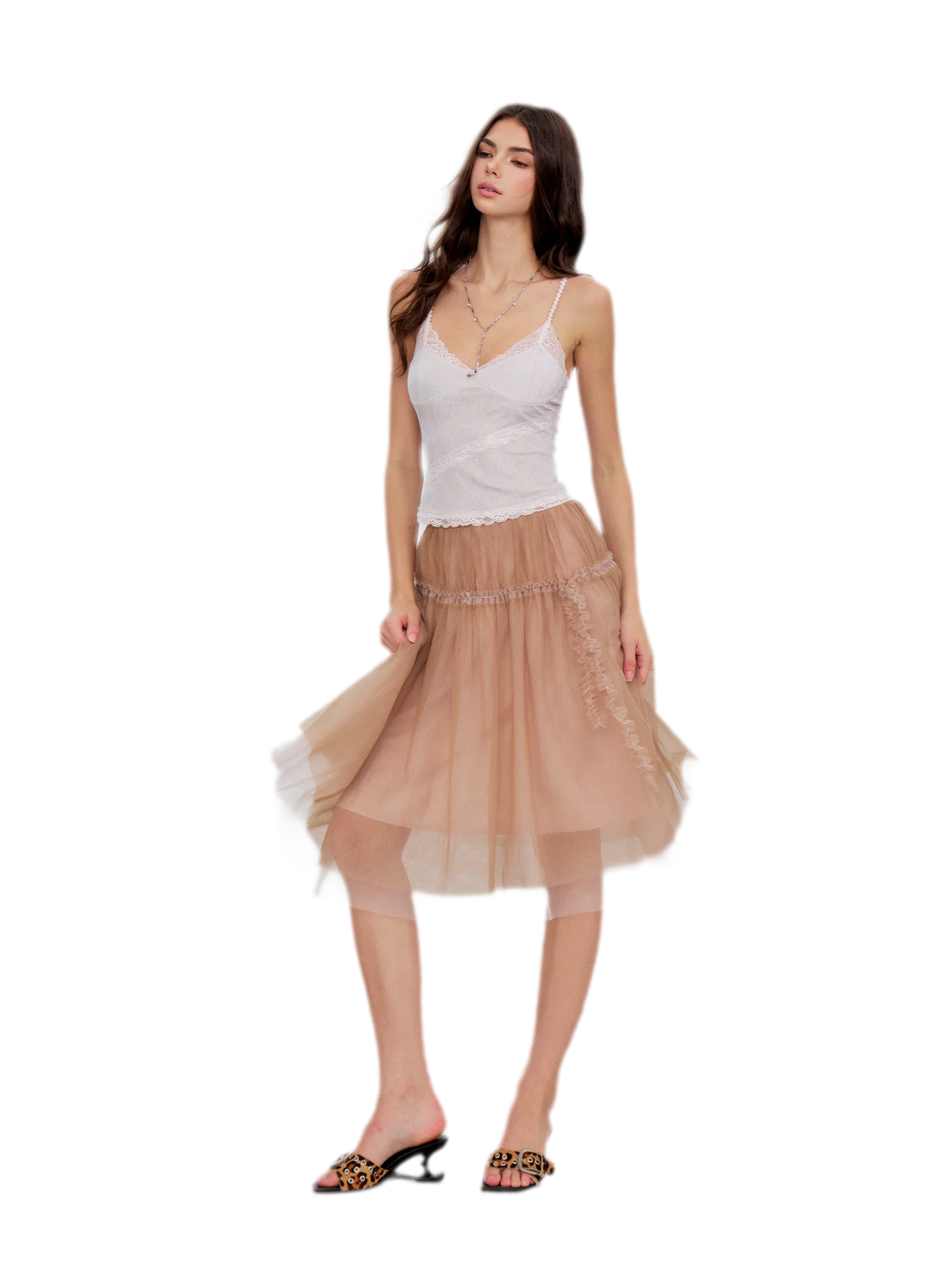 Layered Mesh Ruffle Midi Skirt