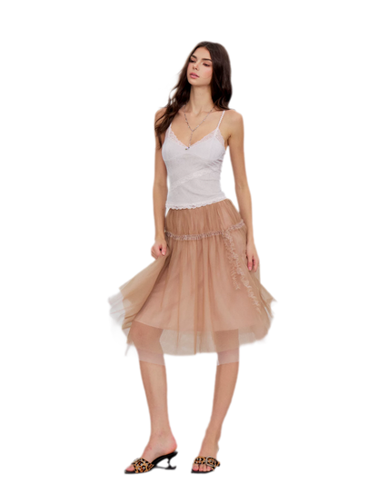 Layered Mesh Ruffle Midi Skirt