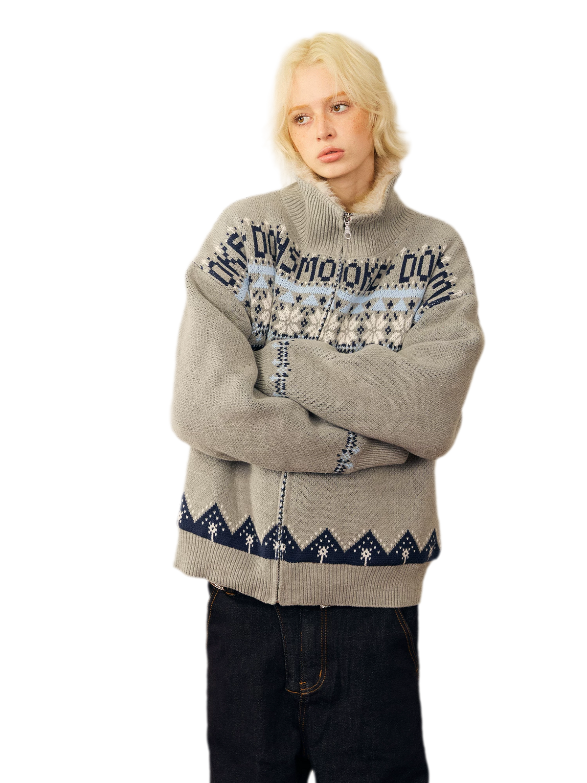 Jacquard Cropped Zip Sweater