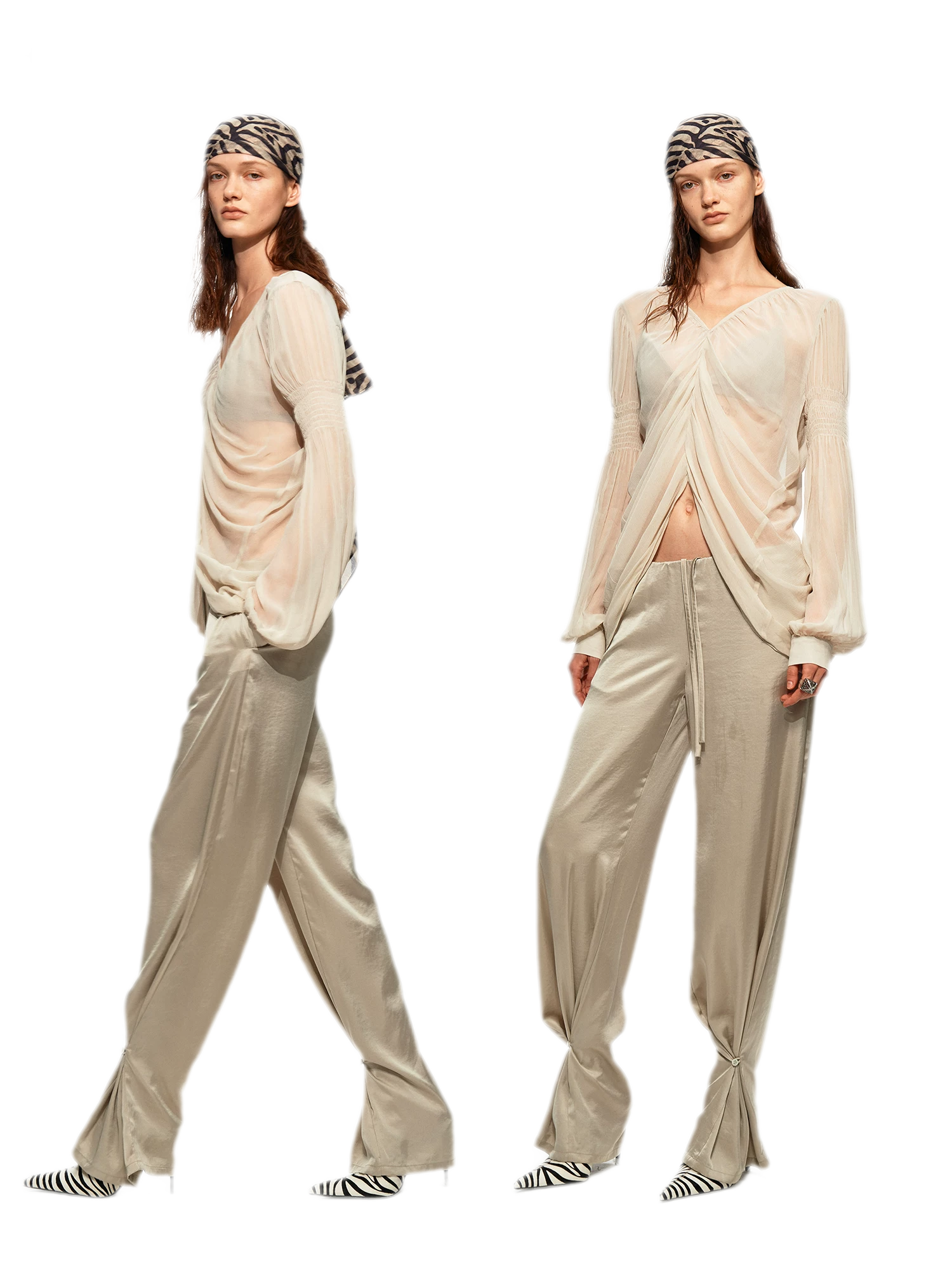 Pleated Bubble Sleeve Chiffon Blouse