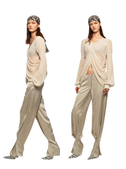 Pleated Bubble Sleeve Chiffon Blouse