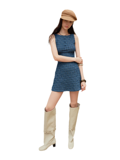 Textured Denim Blue Short Dress