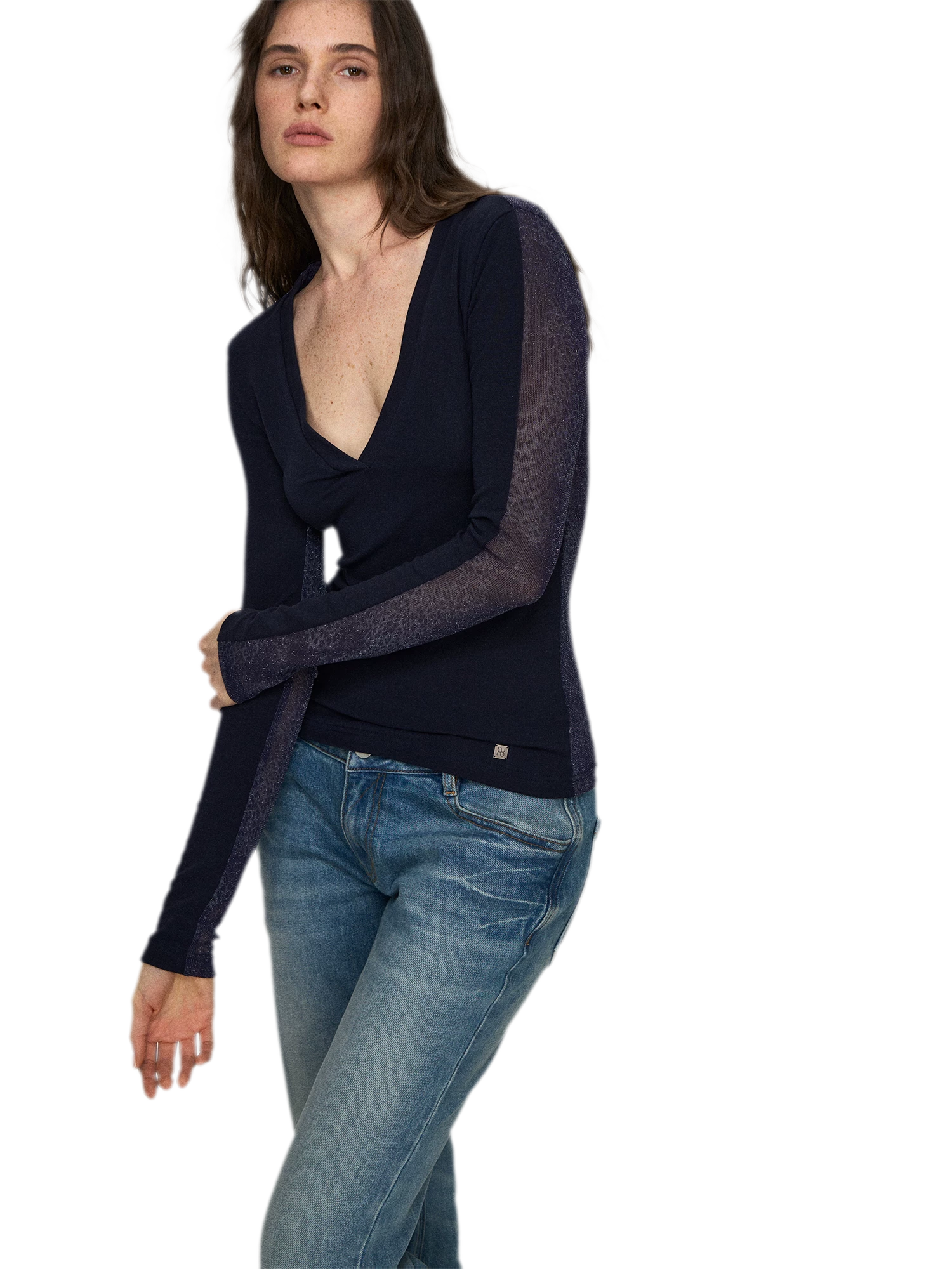 Wool Lyocell V-Neck Long Sleeve Top with Lace