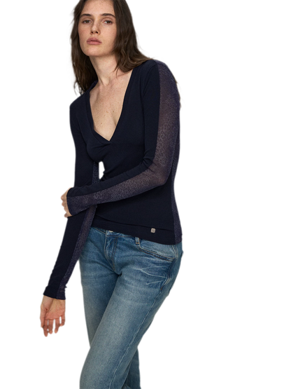 Wool Lyocell V-Neck Long Sleeve Top with Lace