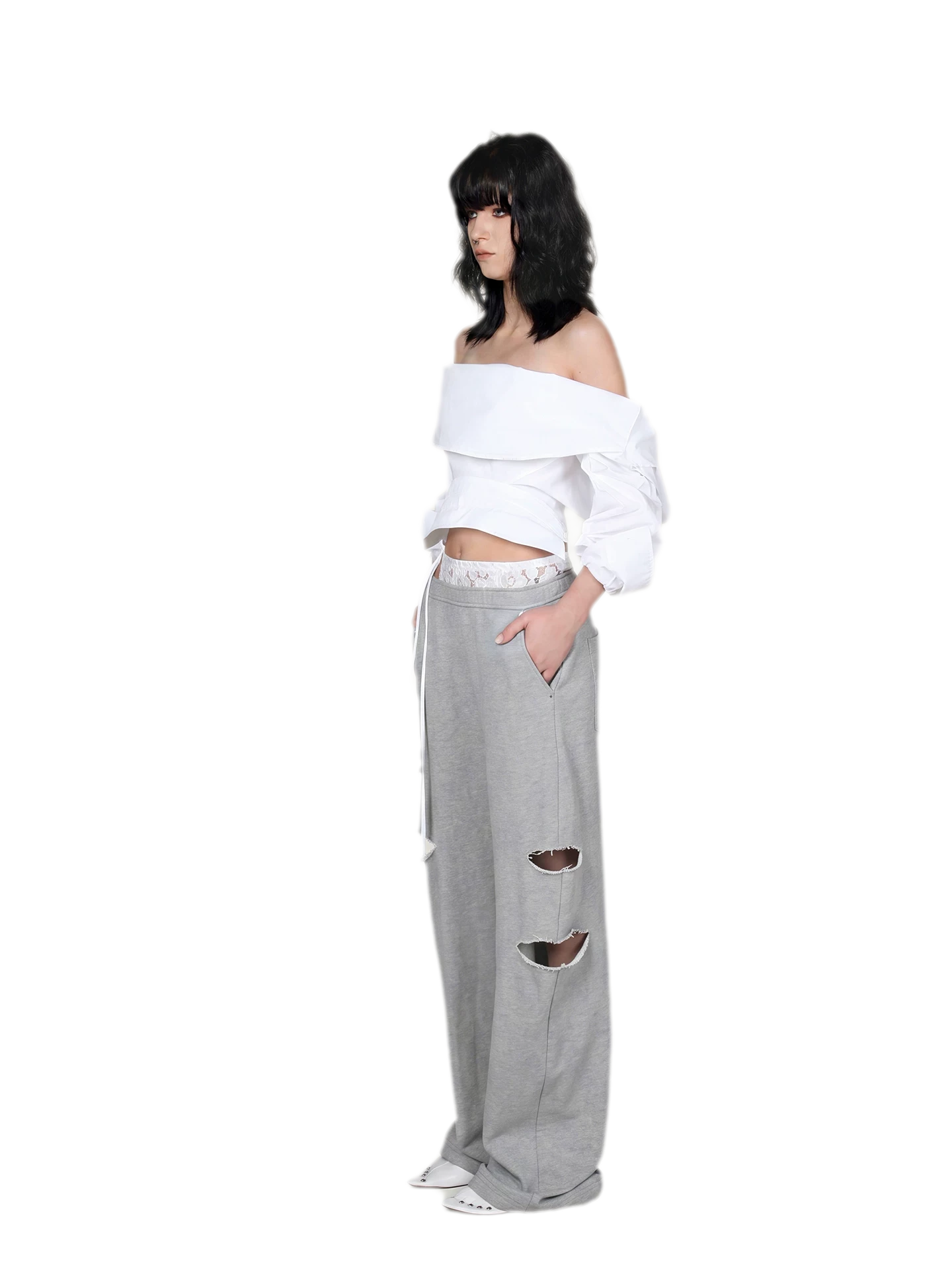 Lace Waist Distressed Pants