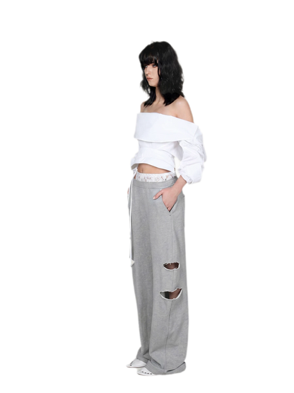 Lace Waist Distressed Pants