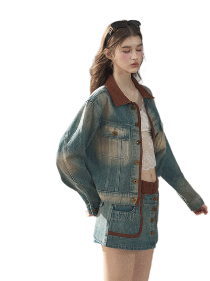 Washed Denim Jacket Skirt Set