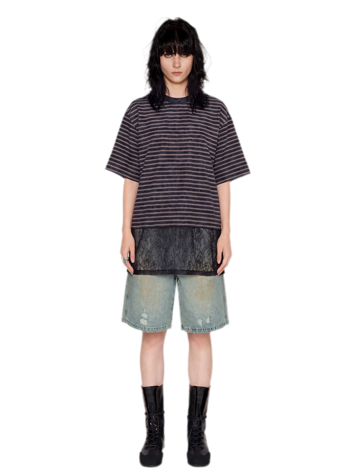 Striped Lace Hem T-Shirt