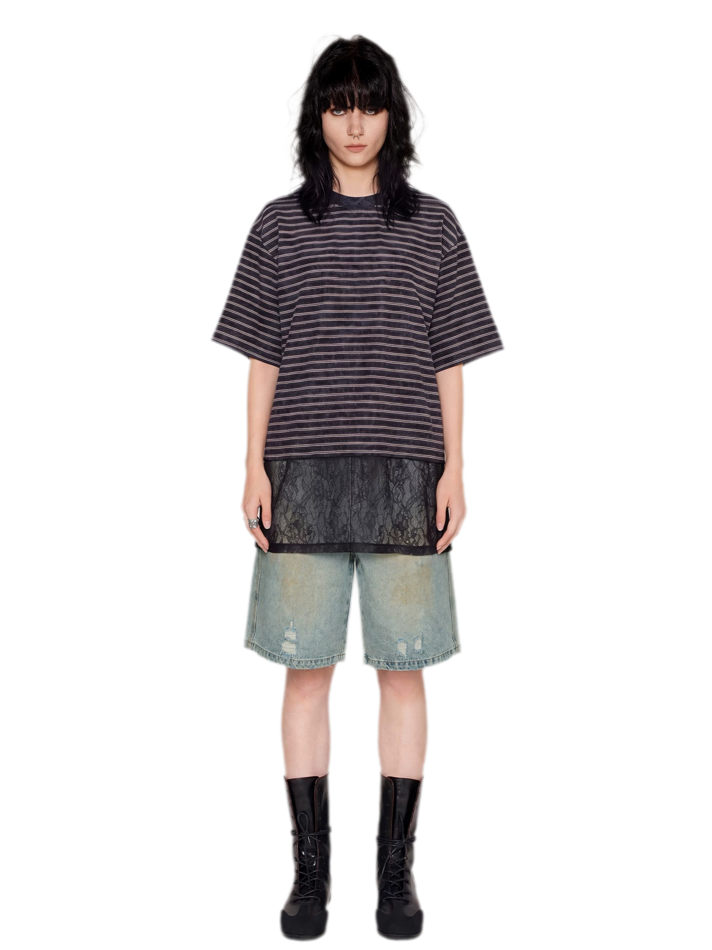 Striped Lace Hem T-Shirt