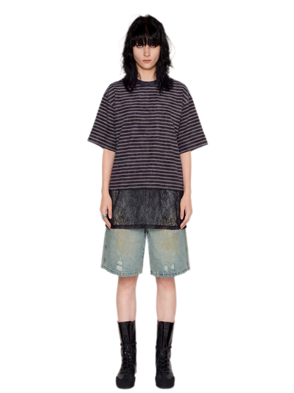 Striped Lace Hem T-Shirt