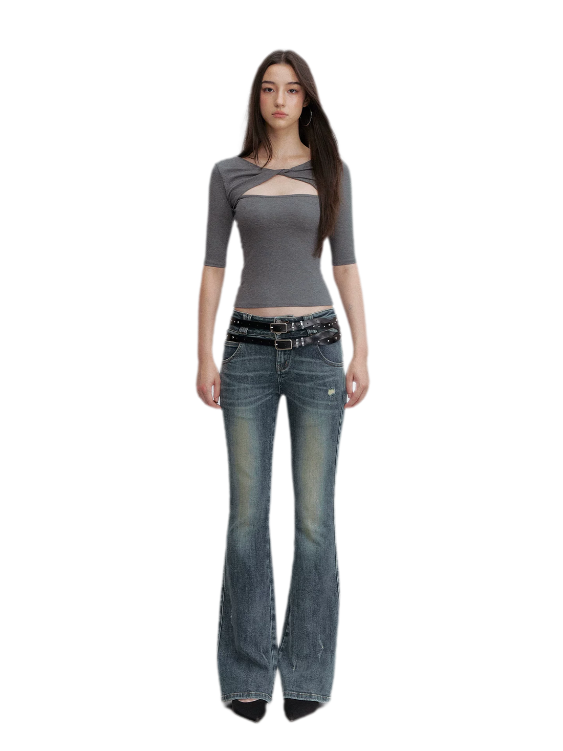 Washed Whisker Flared Jeans