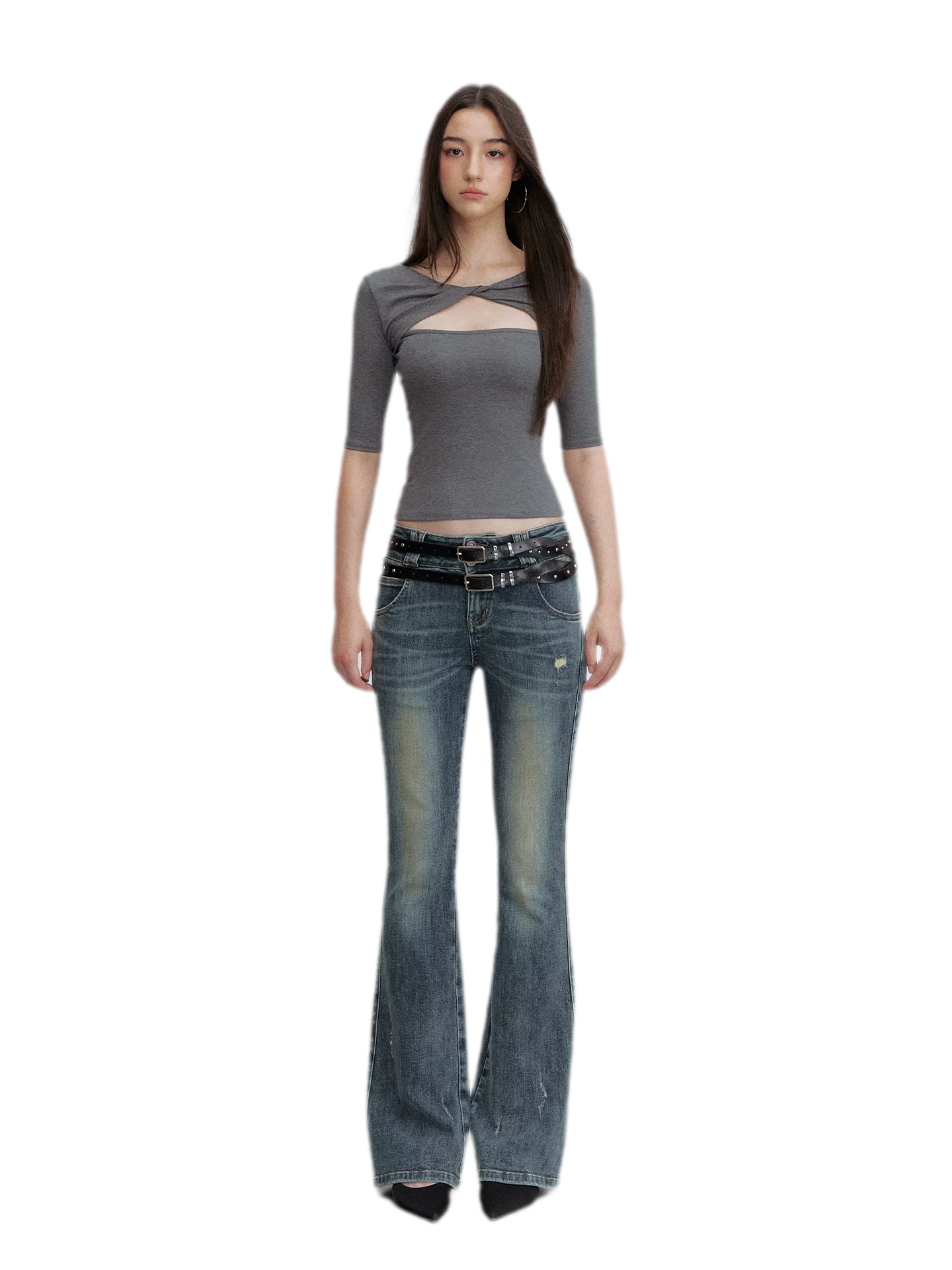 Washed Whisker Flared Jeans