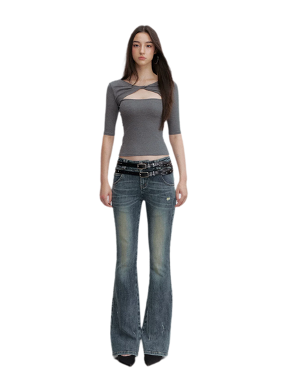 Washed Whisker Flared Jeans