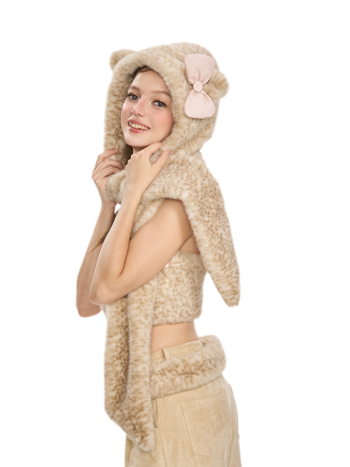 Cappello-sciarpa in pelliccia con stampa leopardata