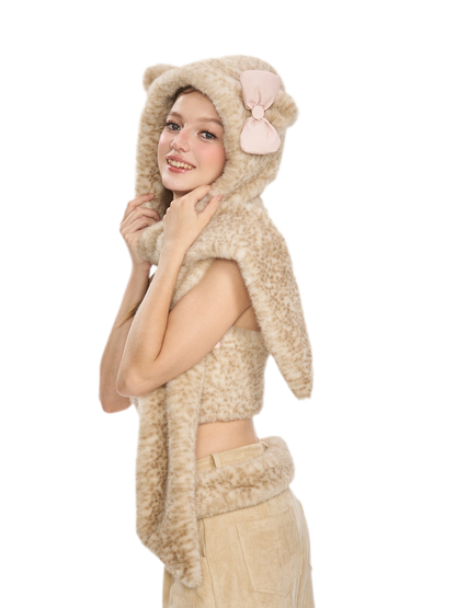 Cappello-sciarpa in pelliccia con stampa leopardata