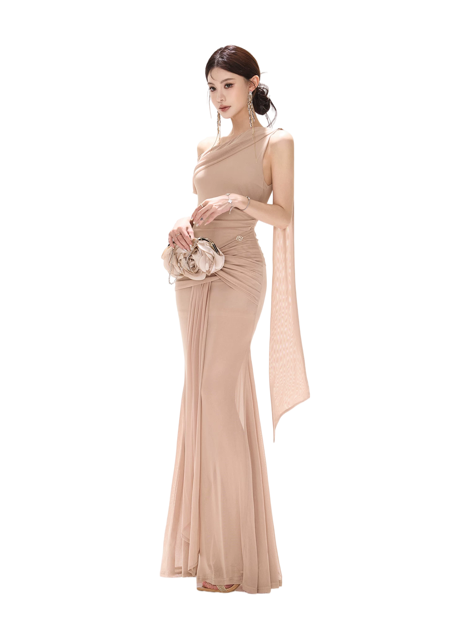 Asymmetric Off-Shoulder Mesh Long Dress Nude / S