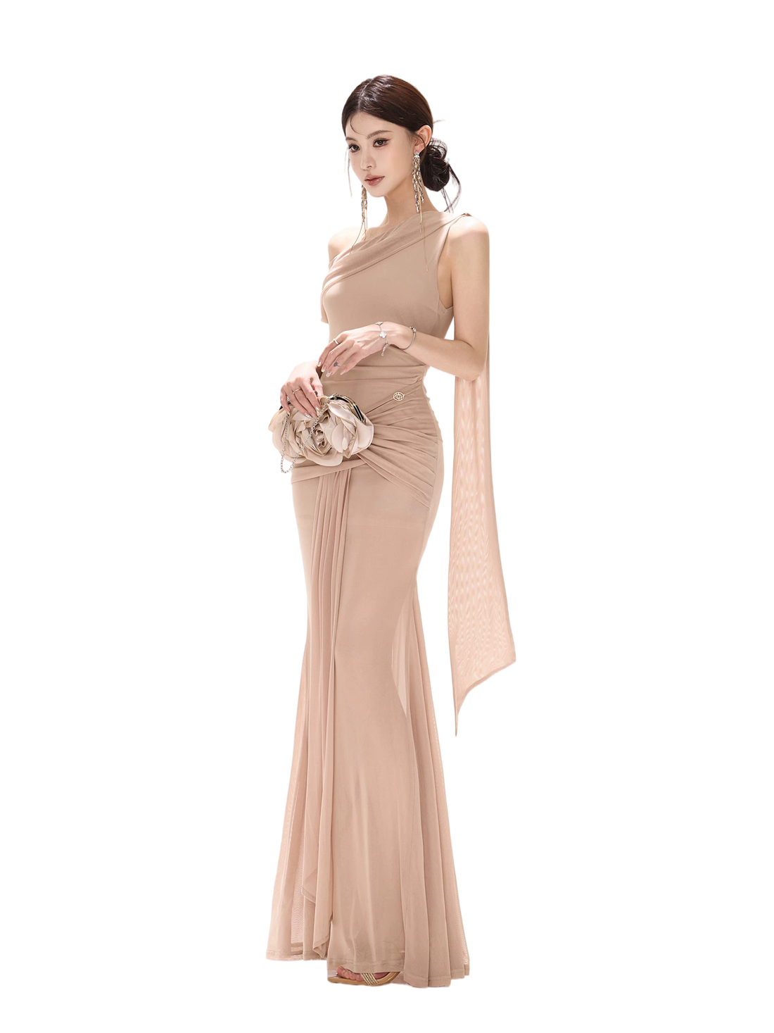 Asymmetric Off-Shoulder Mesh Long Dress
