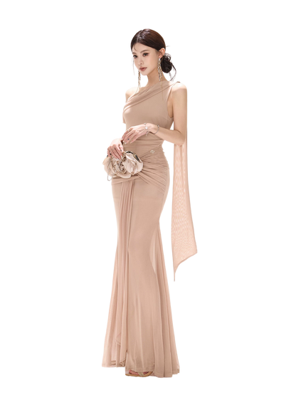Asymmetric Off-Shoulder Mesh Long Dress