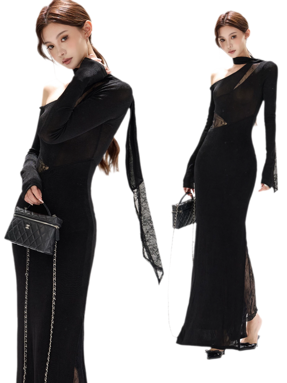 Schimmerndes asymmetrisches Spitzen-Strickkleid
