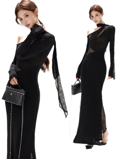 Schimmerndes asymmetrisches Spitzen-Strickkleid