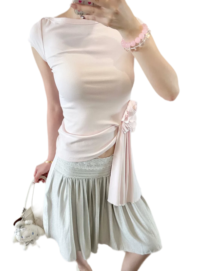 Asymmetric Flower Short Sleeve Top