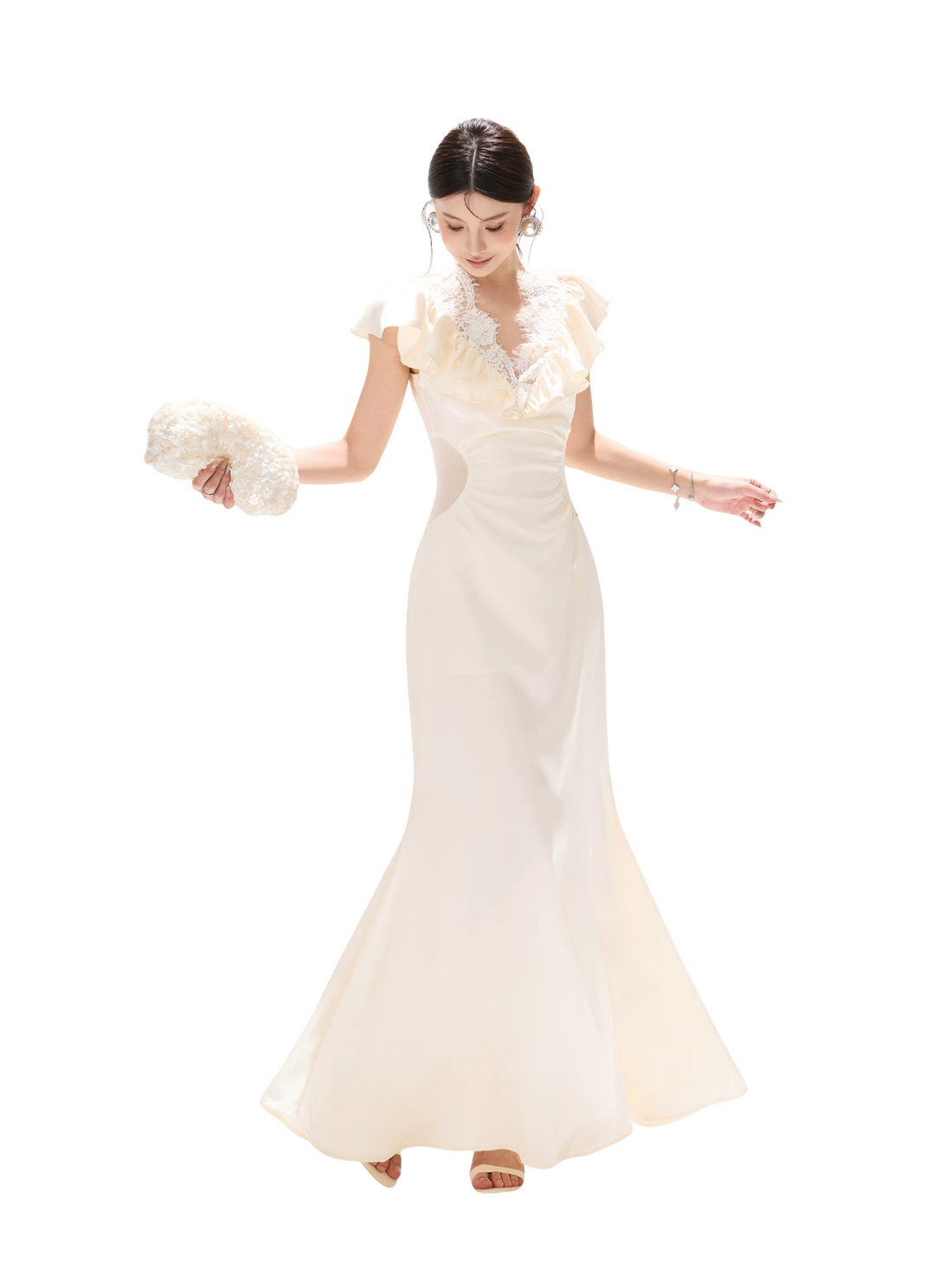 Vintage Ruffled Lace Waist-Cut Long Dress