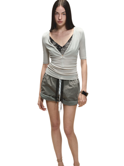 Lyocell Two-in-One Colorblock Mid-Sleeve T-Shirt