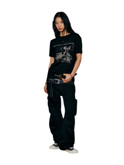 Washed Distressed Wide-Leg Cargo Pants