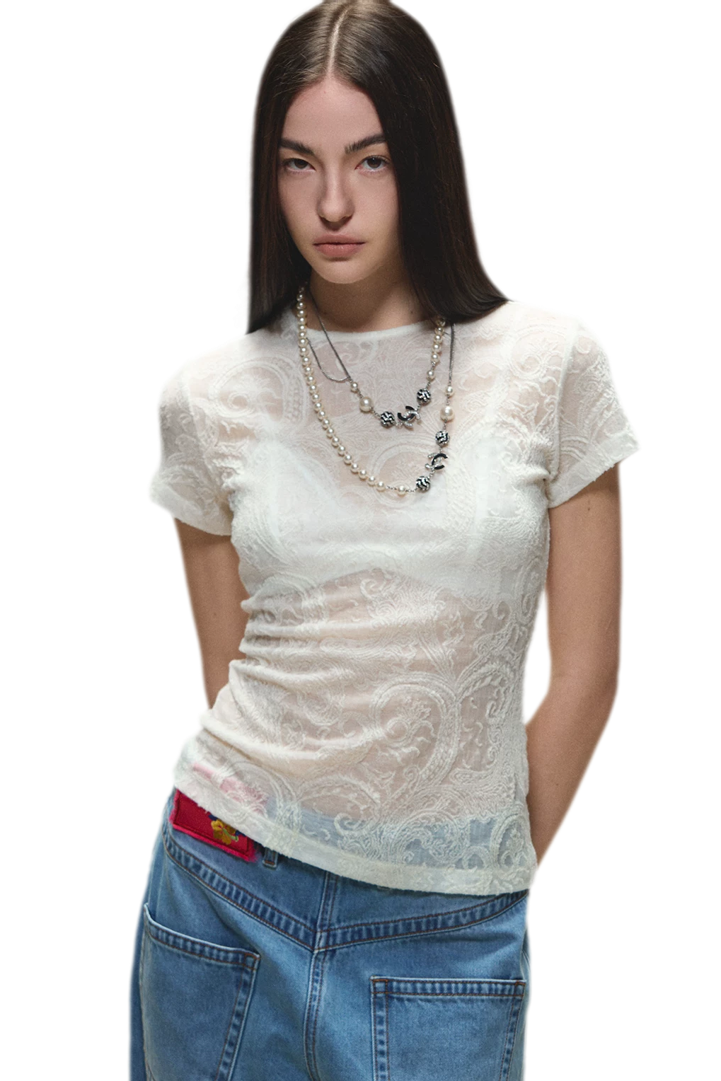 Sheer Wool Lace Paisley Short Sleeve T-shirt