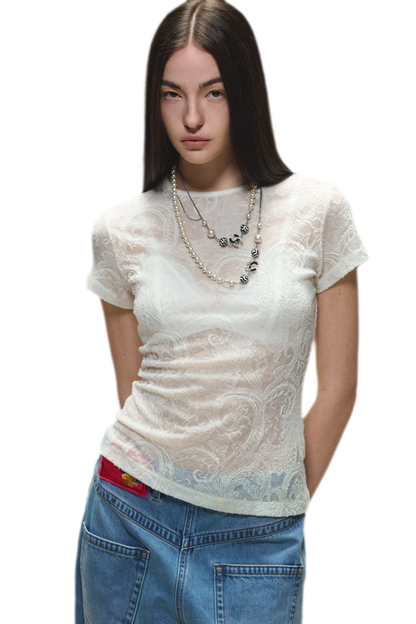 Sheer Wool Lace Paisley Short Sleeve T-shirt