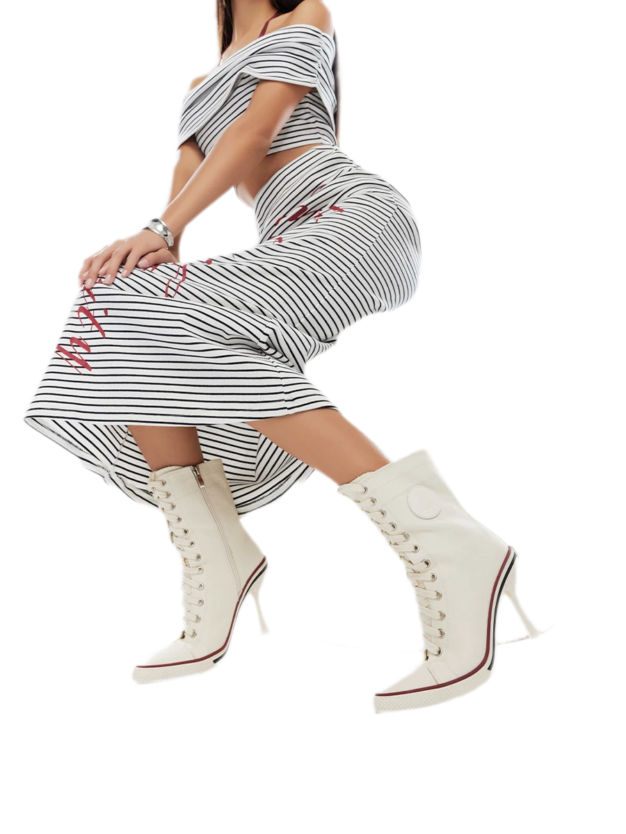 Canvas Lace-Up High-Heel Boots