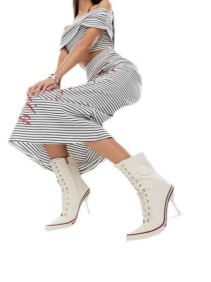 Canvas Lace-Up High-Heel Boots