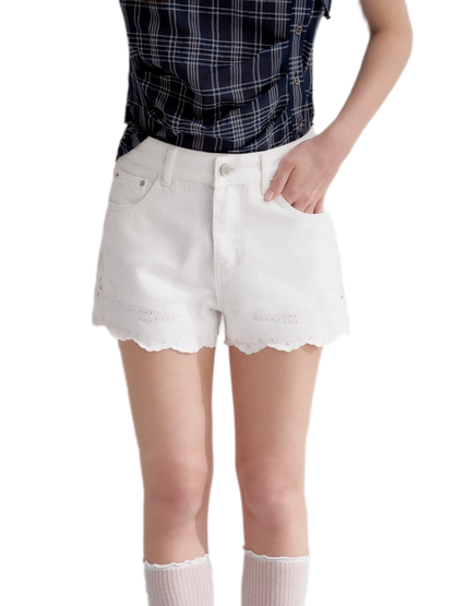 Eyelet Embroidered Denim Shorts
