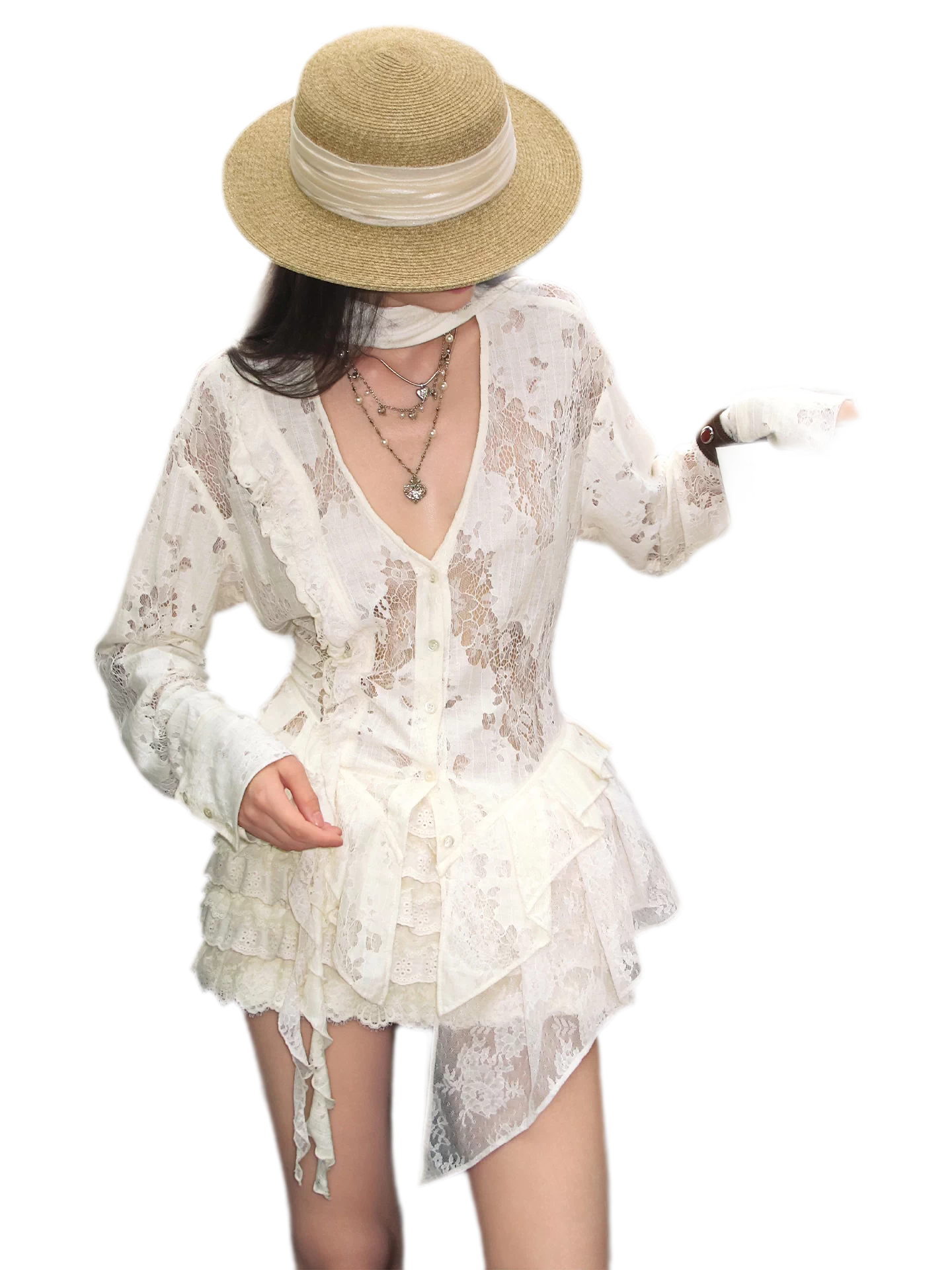 Lace Panel Adjustable Shirt Set