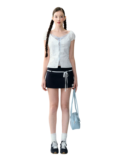 Korean Style Color-Block Tie Waist Shorts Skirt
