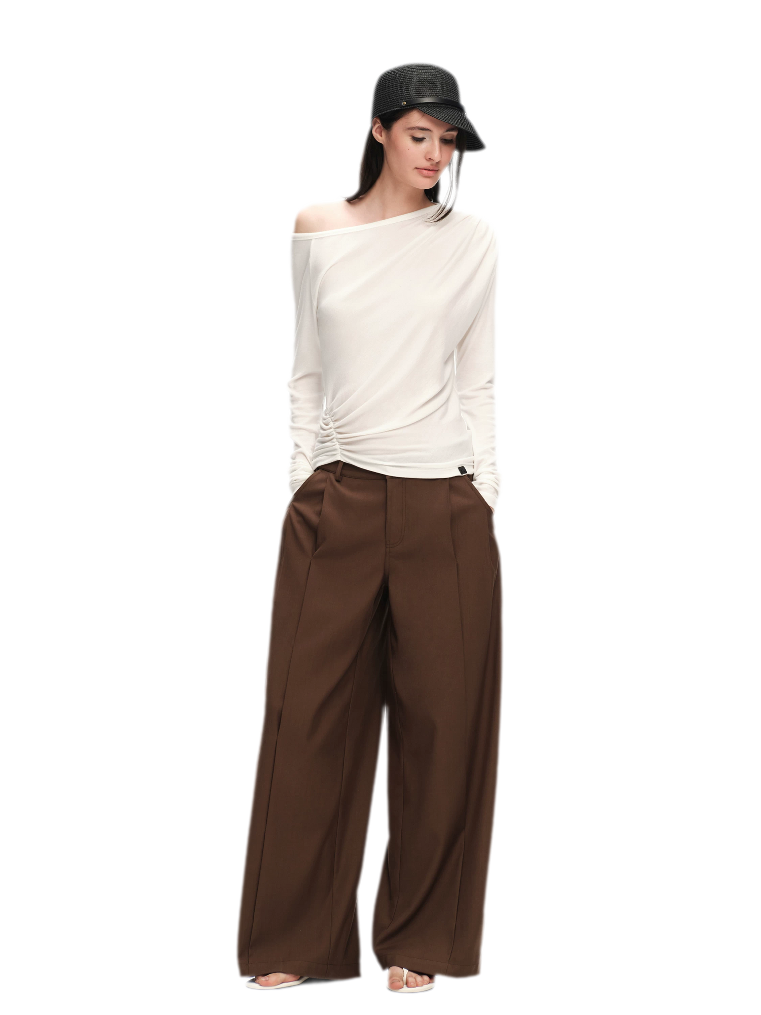 Wool Lyocell Ruched Shoulder Top