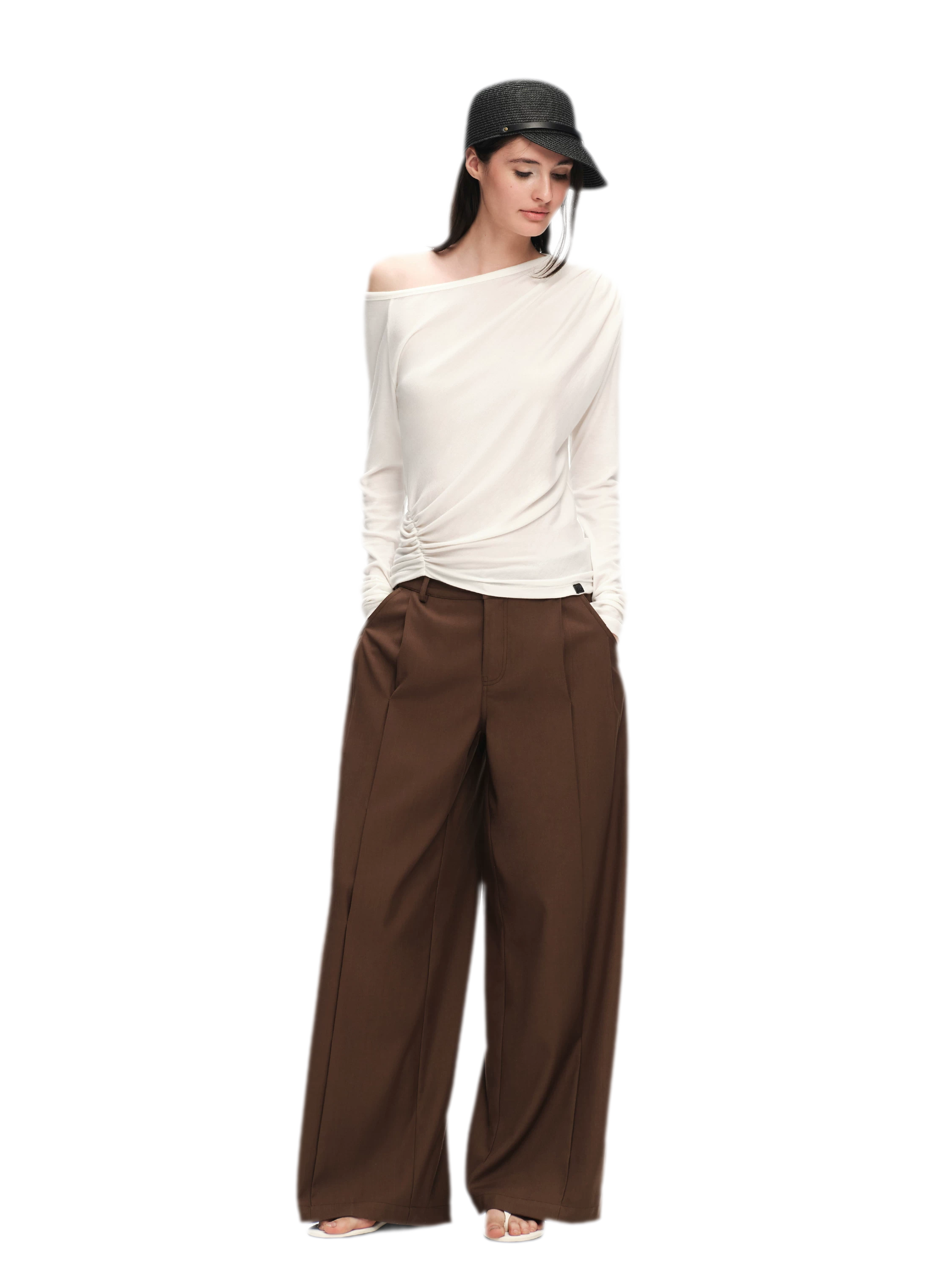Wool Lyocell Ruched Shoulder Top